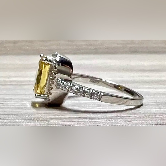 Sterling Silver Canary Yellow Citrine & Cubic Zirconia Halo Ring, Size 6 - Picture 3 of 9
